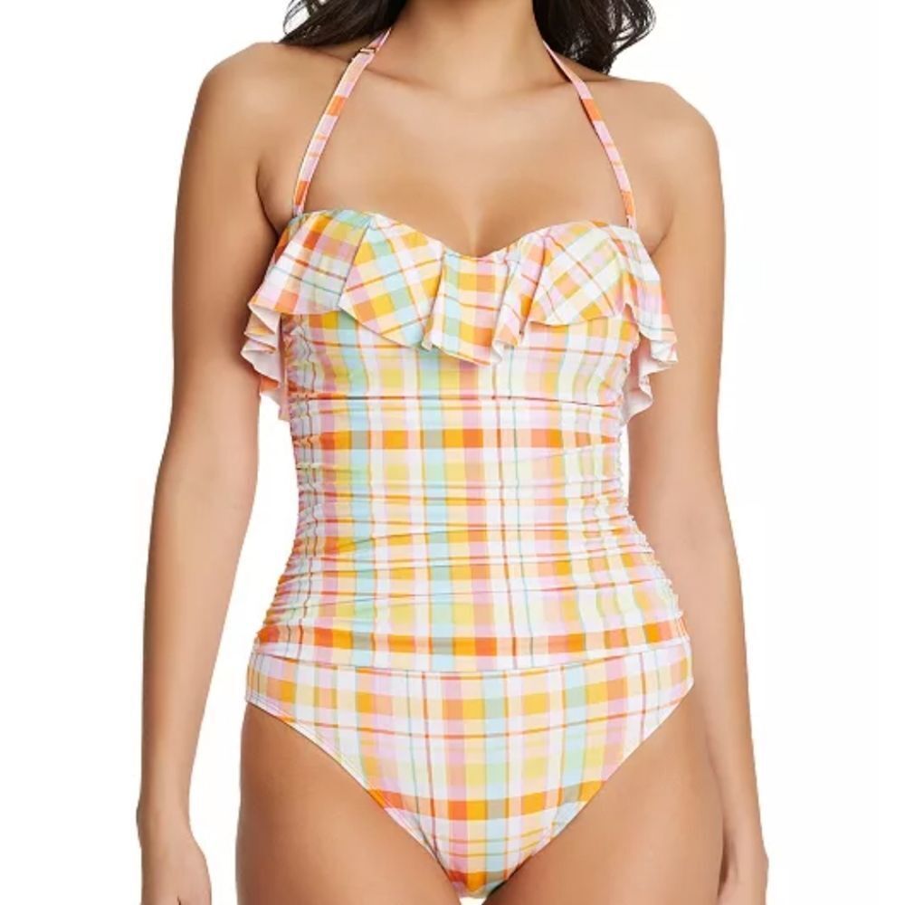 Bleu by Rod Beattie Hip to be Square Plaid Ruffle Bandeau One-Piece Swim…
